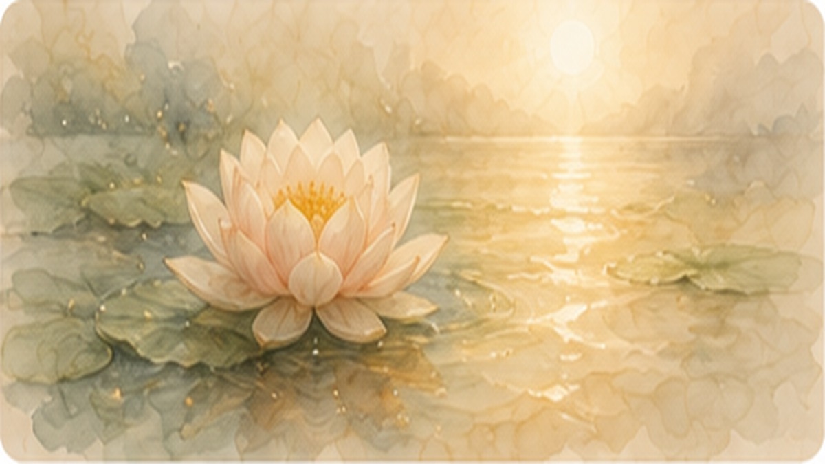 Loto chiaro sull'acqua nella luce del mattino, immagine simbolica di Akshaya Tritiya