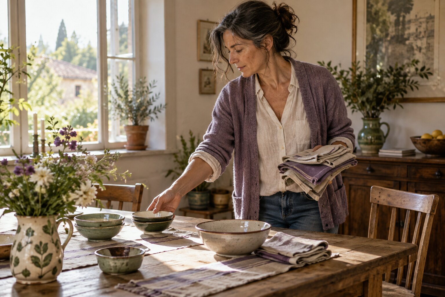 Donna che riordina con calma una tavola scegliendo un gesto alla volta