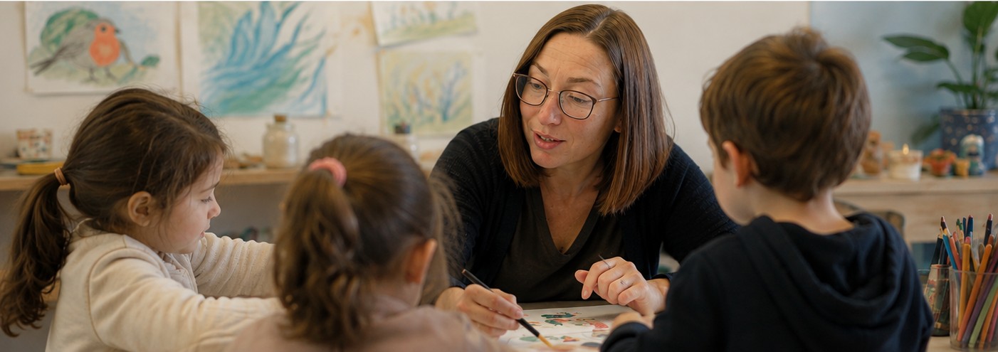 Un’adulta e due bambine osservano insieme un libro illustrato durante un’attività educativa