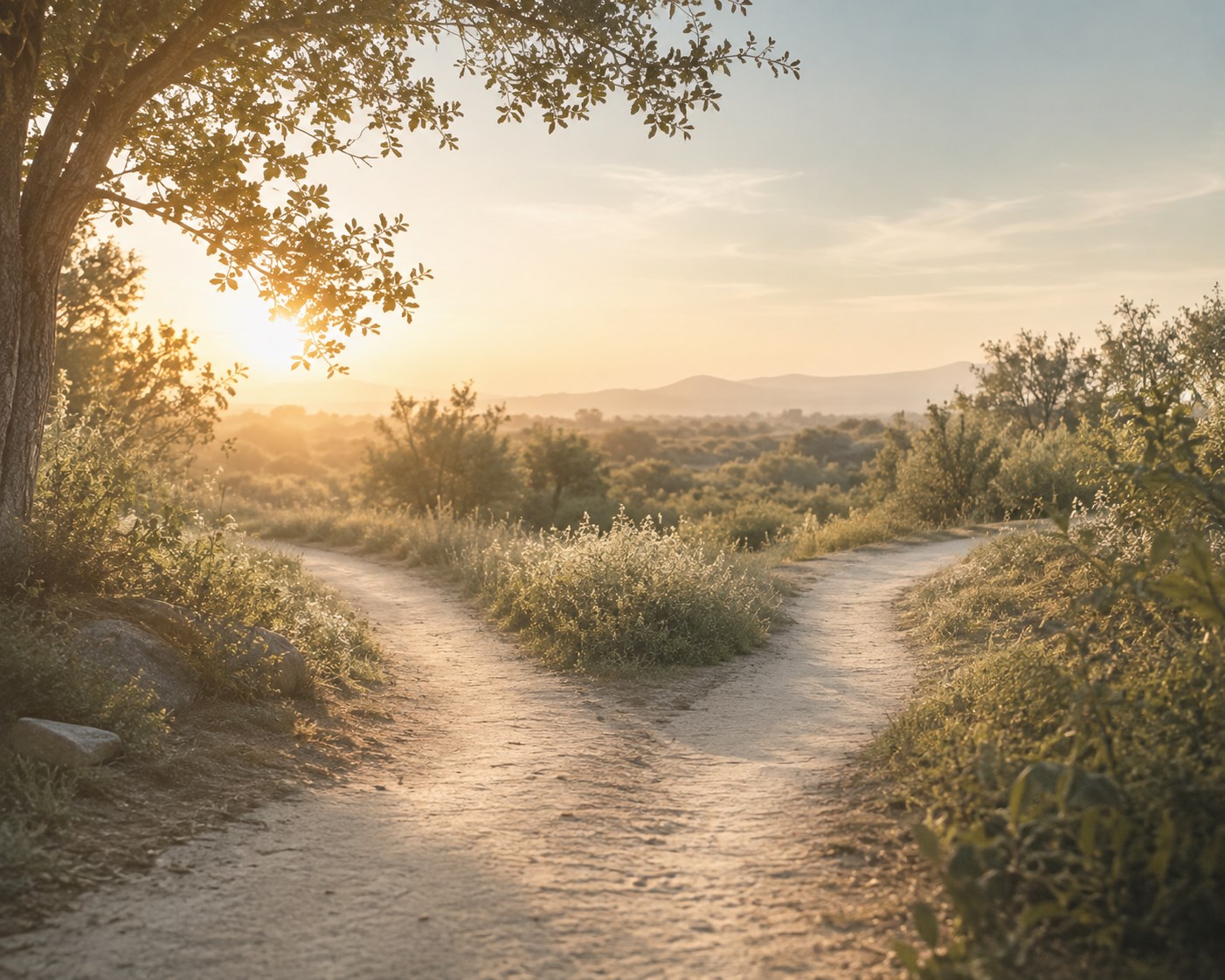 sentiero che si apre in due direzioni nella luce del mattino