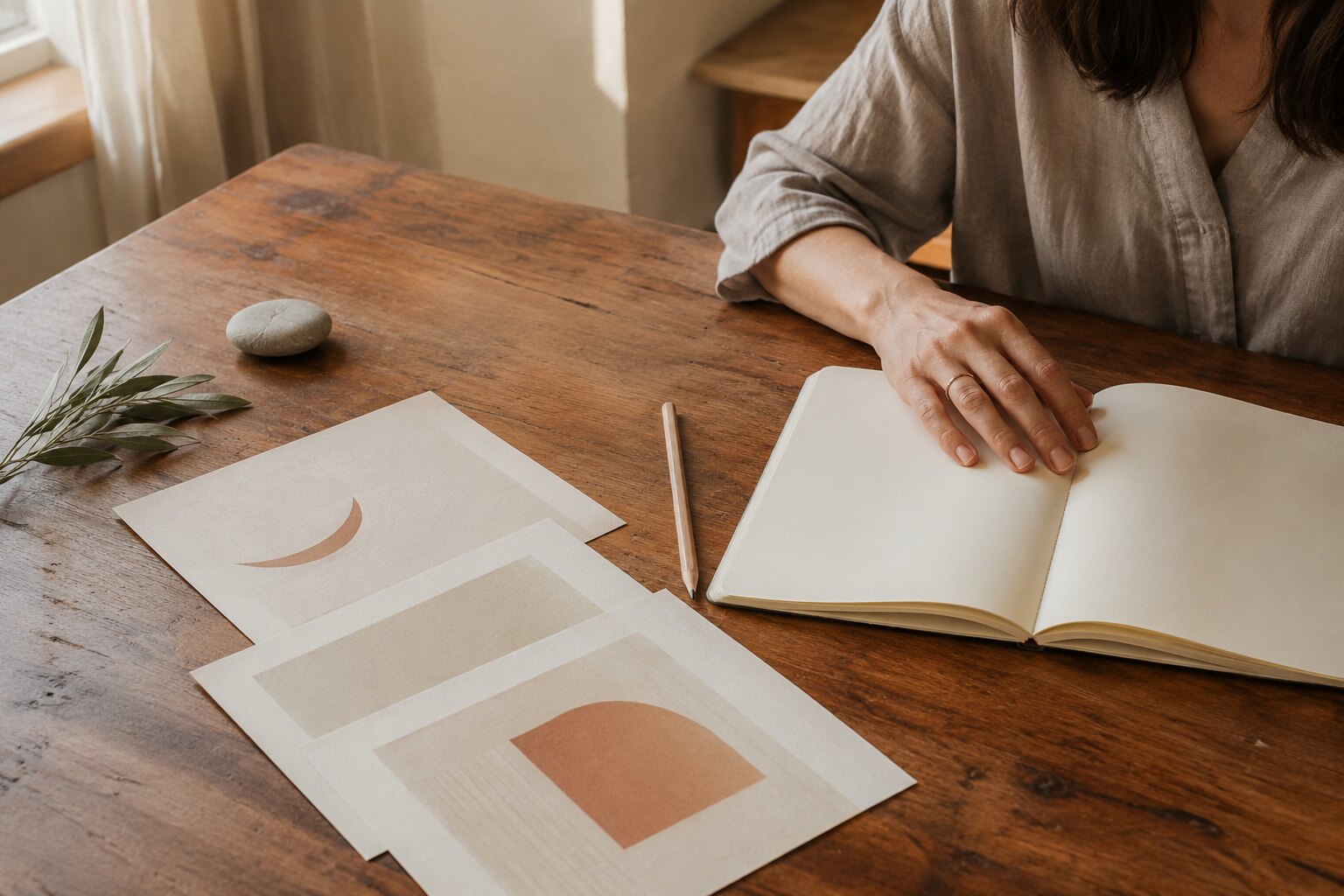 Un quaderno aperto e materiali per la riflessione personale su un tavolo