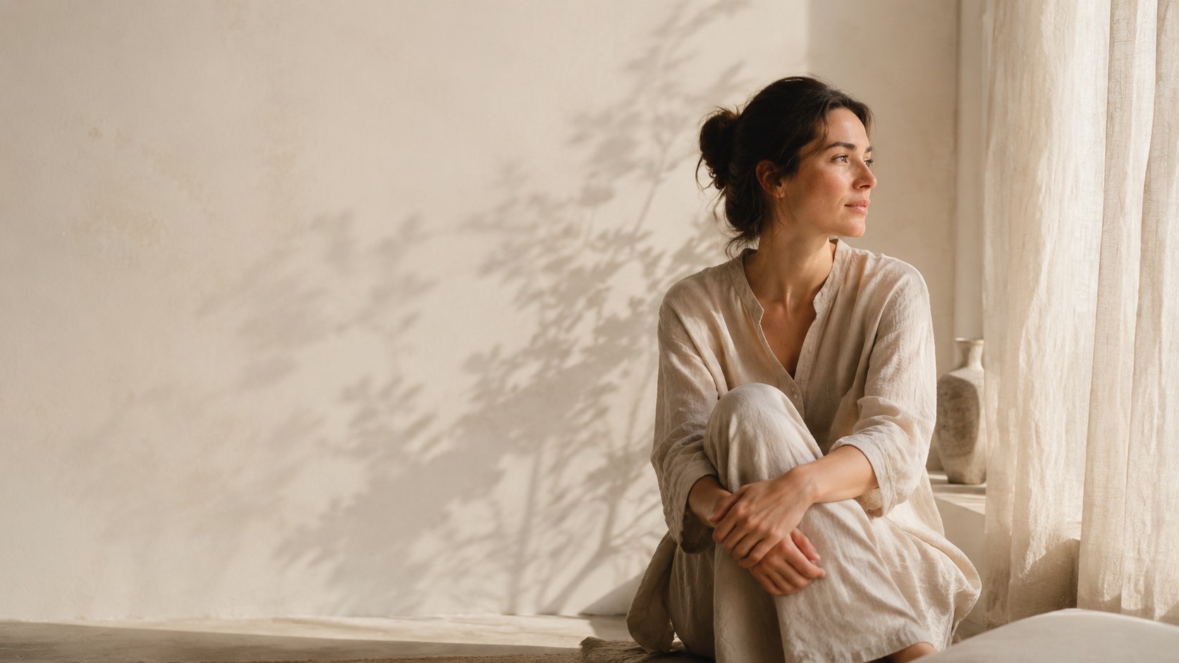 Donna adulta seduta vicino alla finestra, luce calda e presenza interiore
