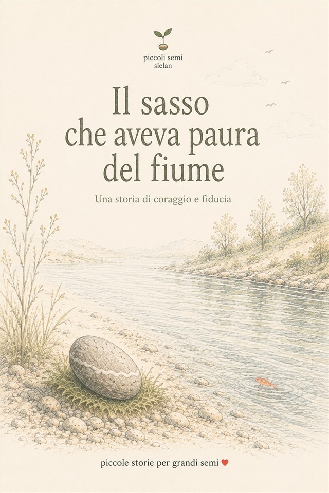 Copertina illustrata del libro Il sasso che aveva paura del fiume, collana Piccoli Semi Sielan