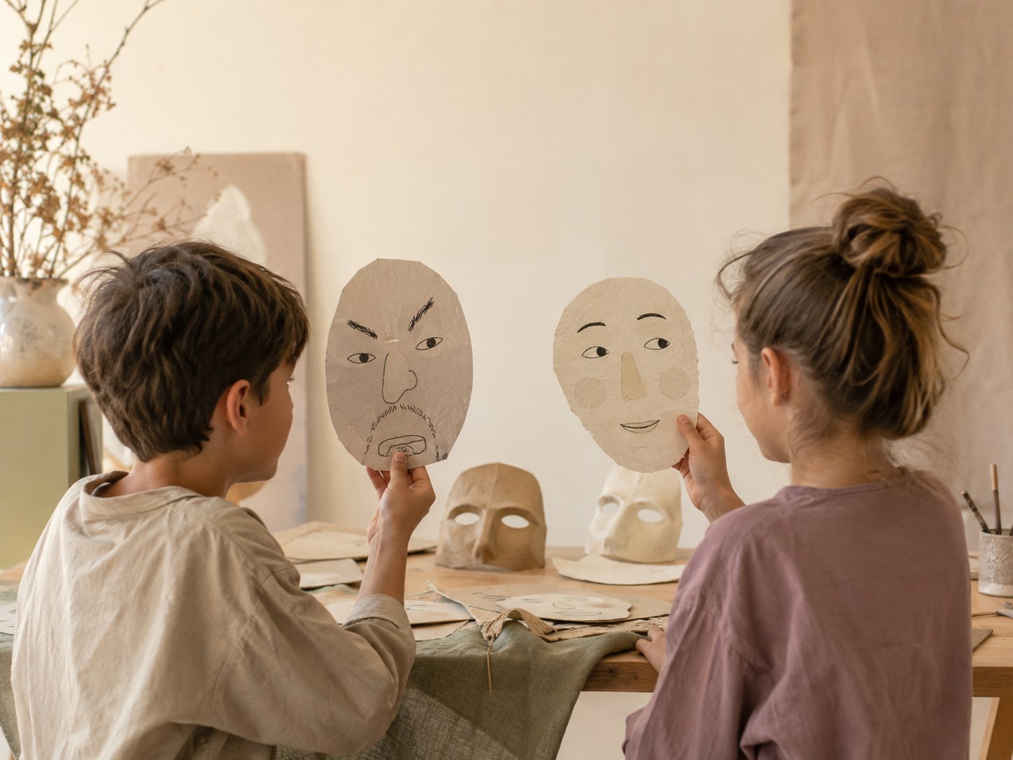 Due bambini confrontano due maschere di carta con espressioni diverse disegnate sopra