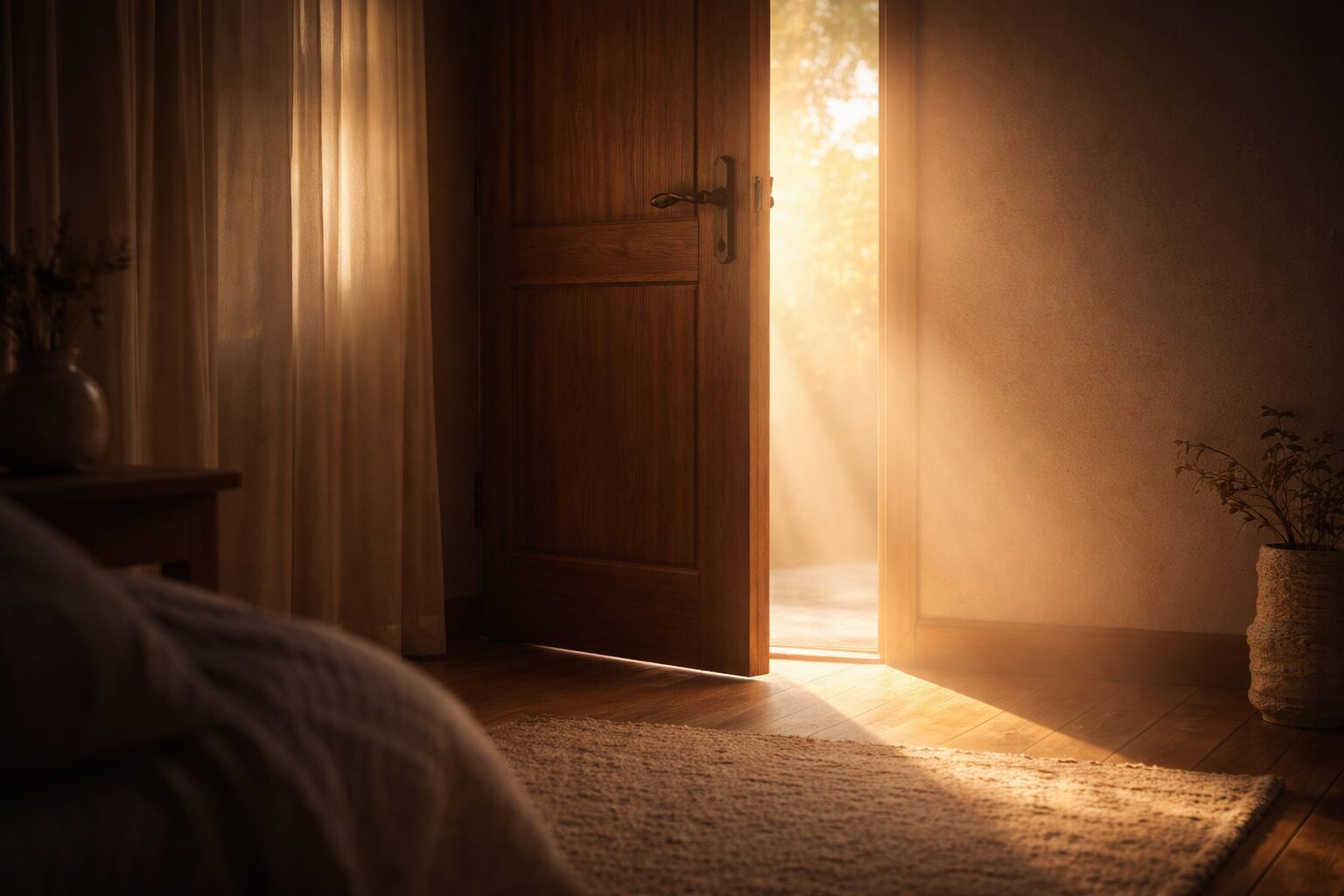 una porta socchiusa lascia entrare la luce del mattino in una stanza in penombra