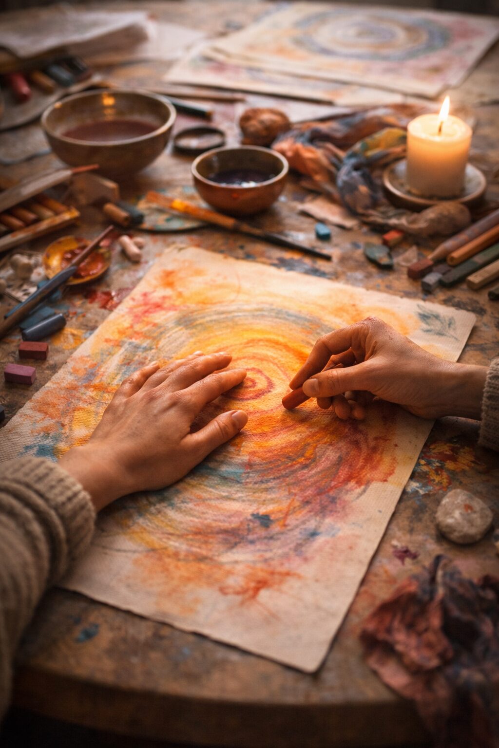 mani al lavoro con colori e materiali artistici durante un’esperienza creativa