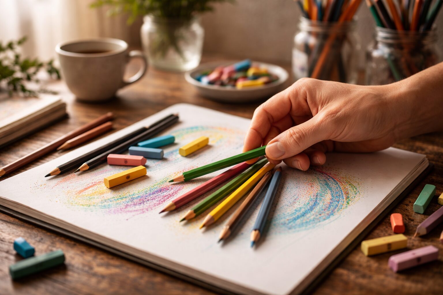 Mano tra matite e materiali creativi durante una pratica di osservazione