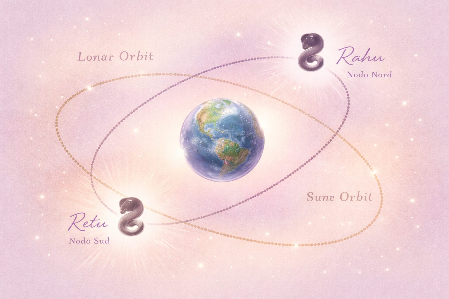 Schema dei nodi lunari Rahu e Ketu come punti di intersezione dell'orbita lunare